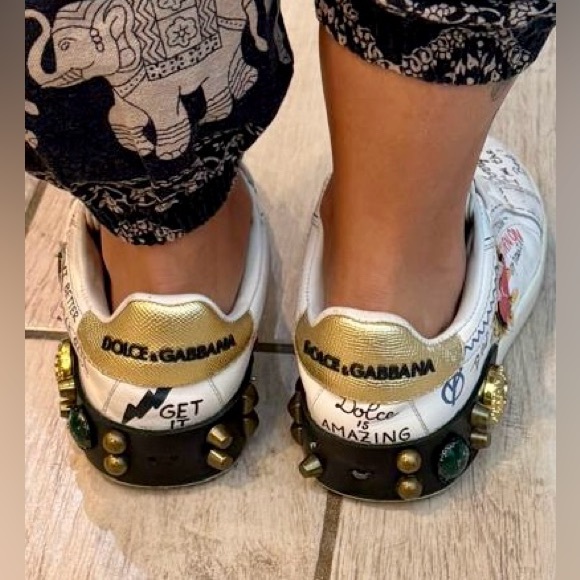 DOLCE & GABBANA DG Logo Heart Pearl Logo Low Top Sneaker PORTOFINO White Gold 7W - Picture 6 of 13